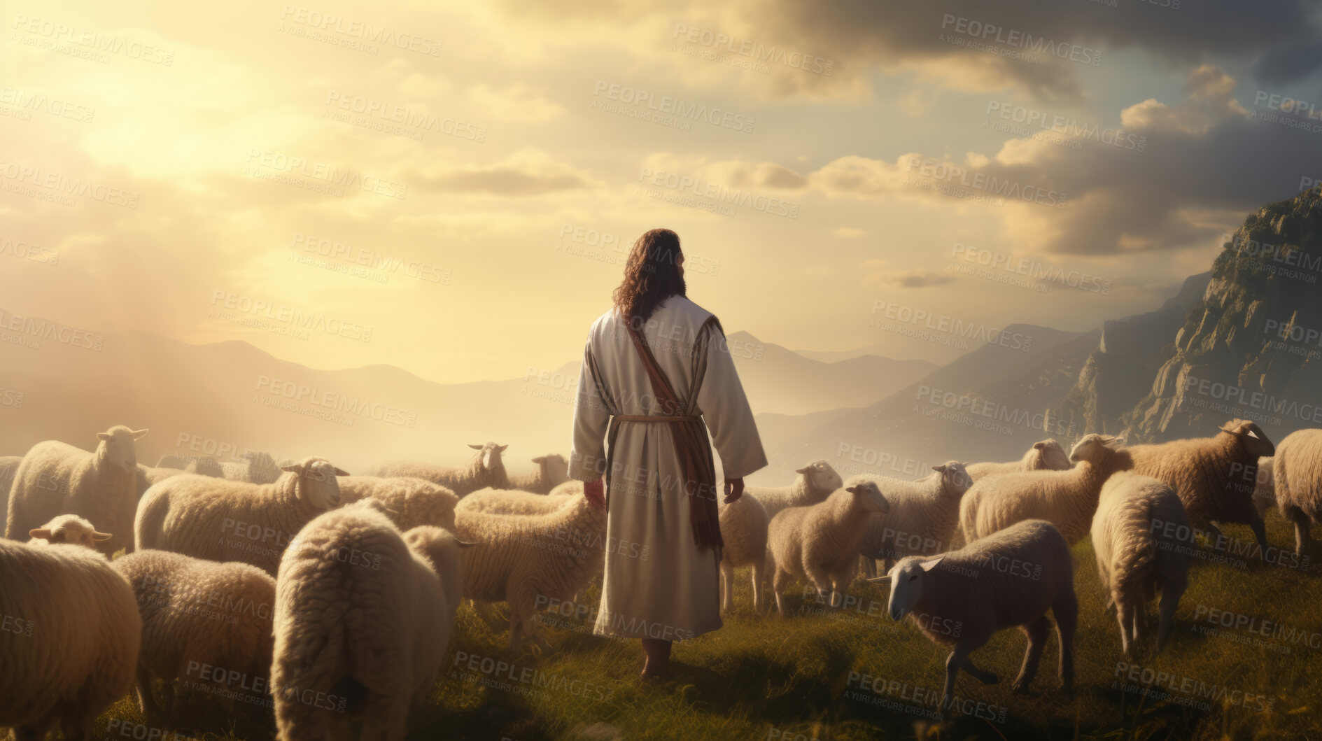 Buy stock photo Shepherd Jesus Christ leading flock of sheep and worshipping God. Christian and worship
