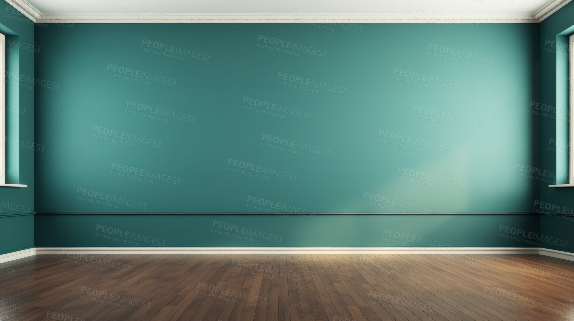 Buy stock photo Interior empty room 3D render. With teal painted wall, modern house or living room mockup