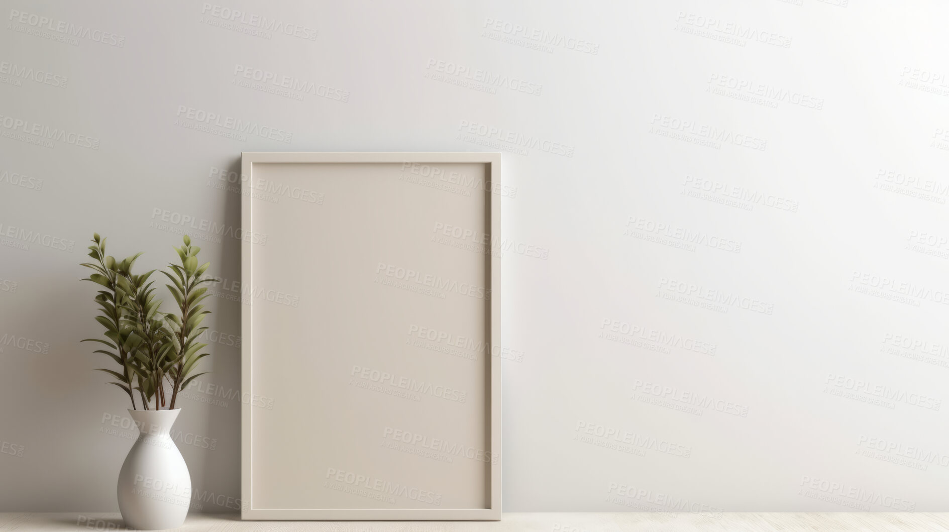 Buy stock photo Canvas mockup against white wall. Empty canvas on table top for your design.