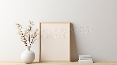 Canvas mockup against white wall. Empty canvas on table top for your design.