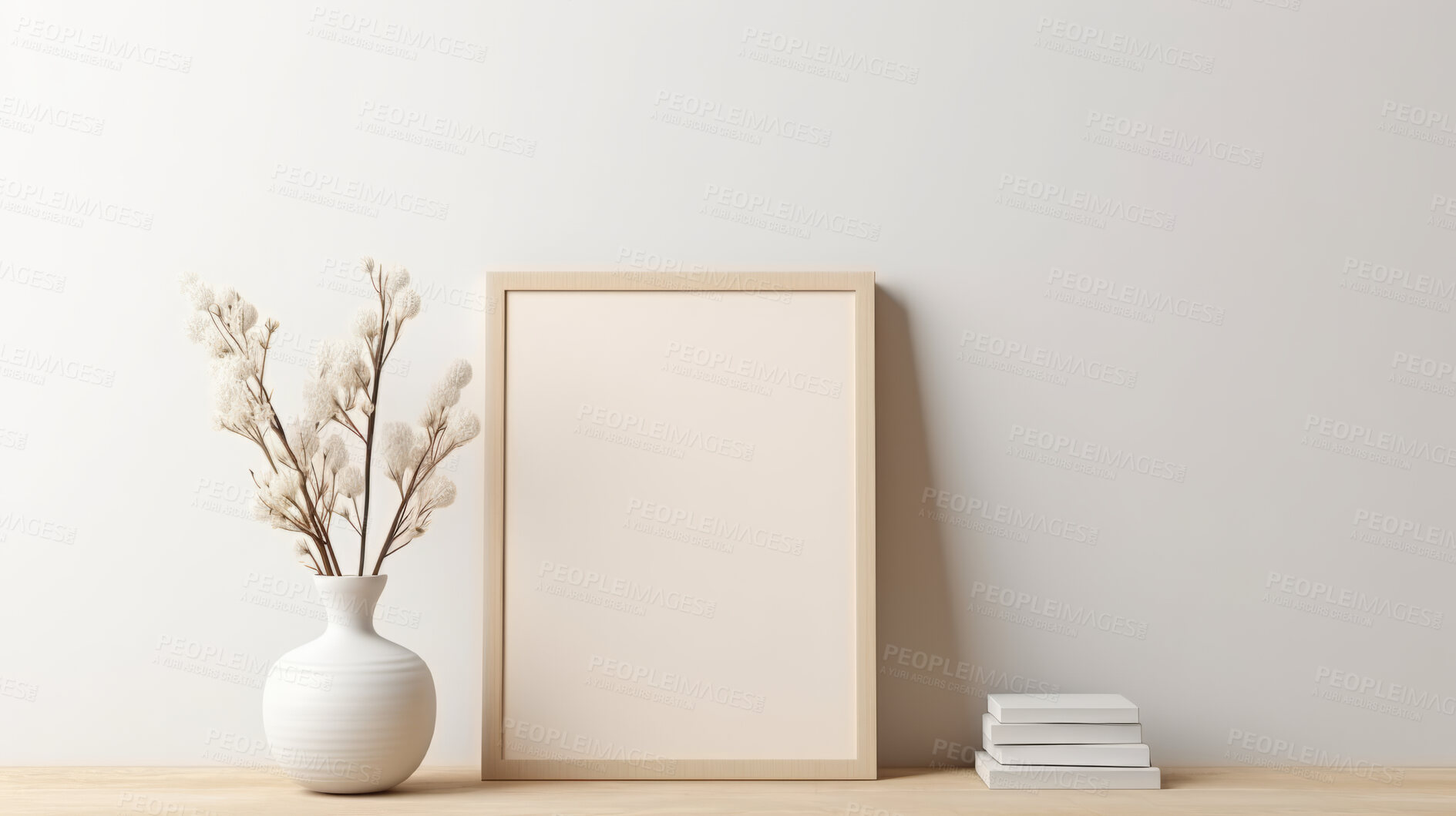 Buy stock photo Canvas mockup against white wall. Empty canvas on table top for your design.