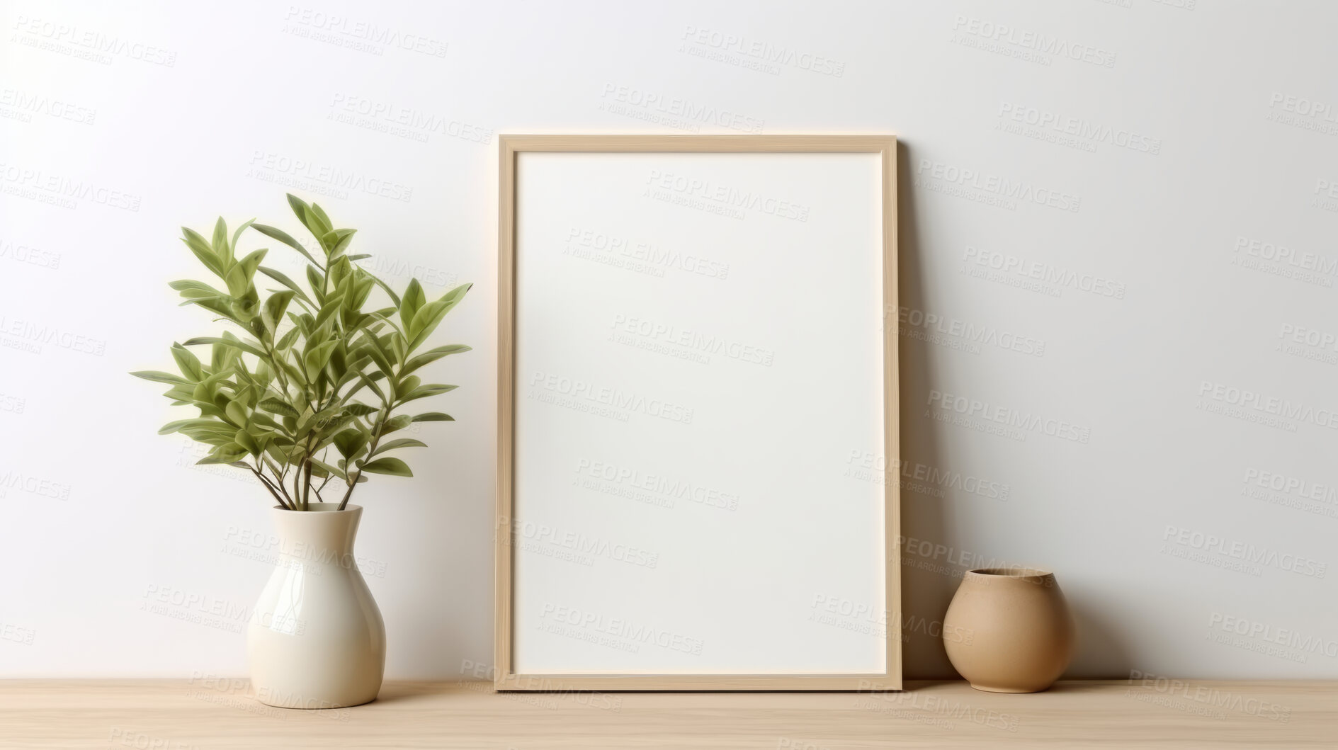 Buy stock photo Canvas mockup against white wall. Empty canvas on table top for your design.