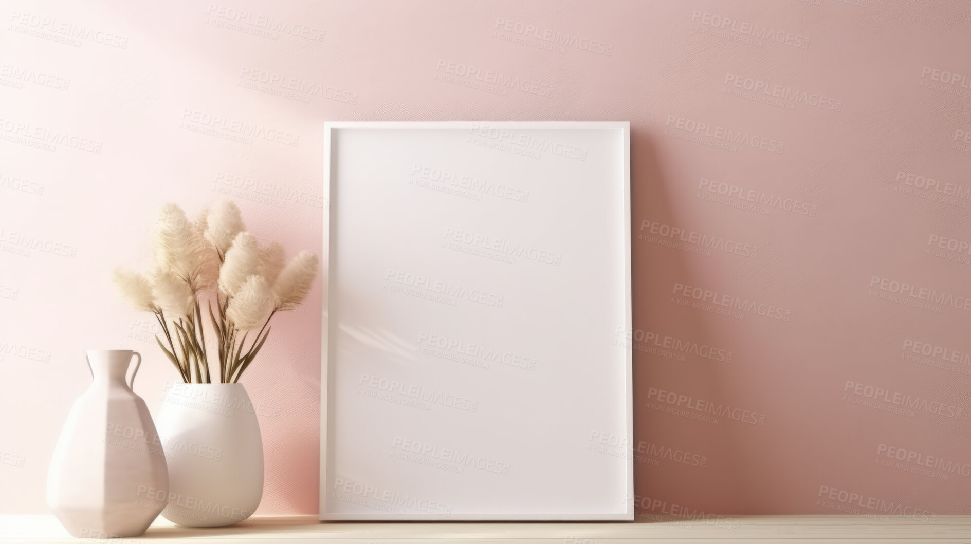 Buy stock photo Canvas mockup against pink wall. Empty canvas on table top for your design.