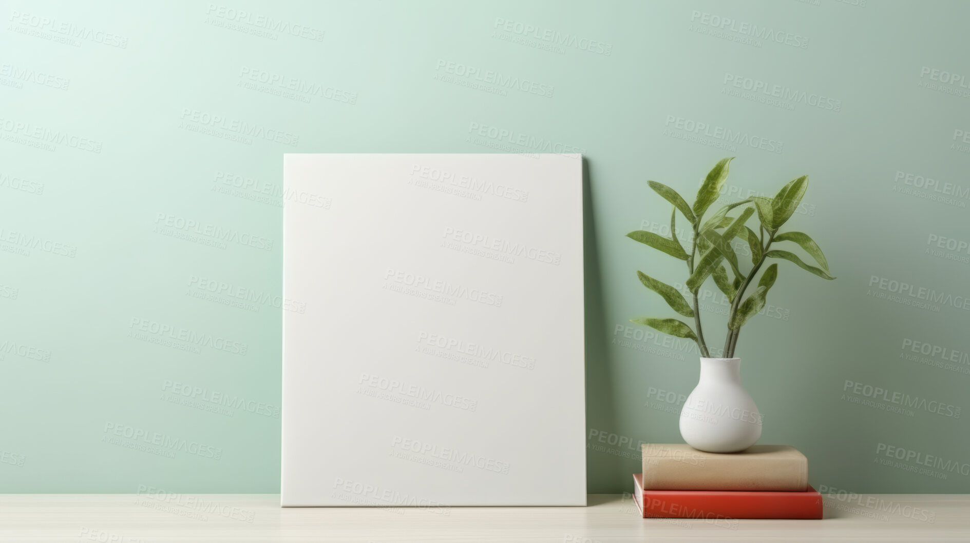 Buy stock photo Canvas mockup against green wall. Empty canvas on table top for your design.