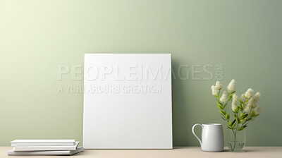 Canvas mockup against green wall. Empty canvas on table top for your design.