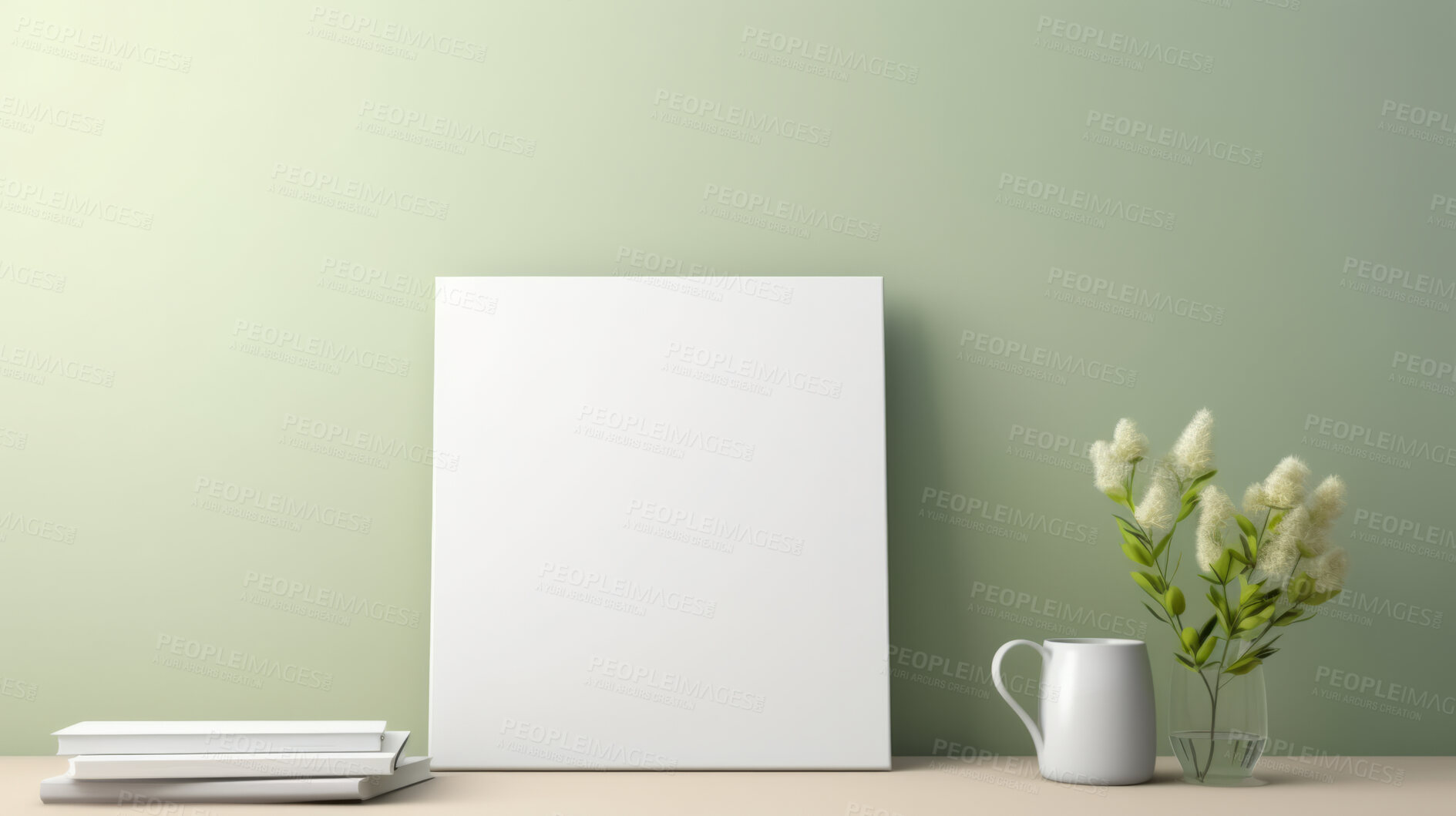 Buy stock photo Canvas mockup against green wall. Empty canvas on table top for your design.