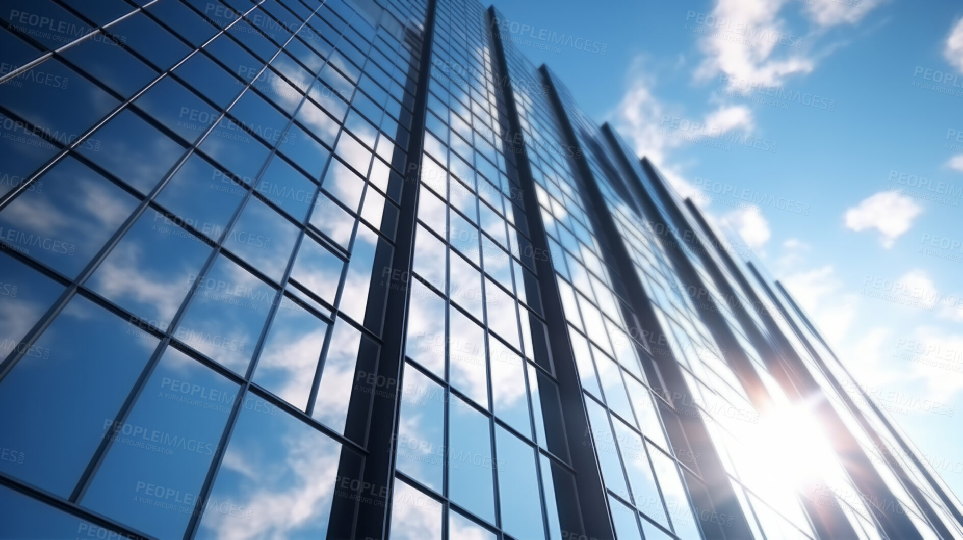 Buy stock photo Reflective business office buildings. Low angle photography of glass building