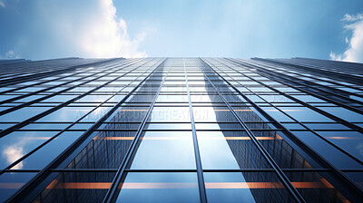 Reflective business office buildings. Low angle photography of glass building