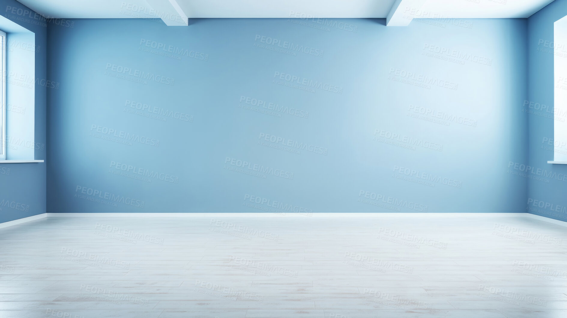 Buy stock photo Minimal abstract empty interior background. Blue walls. Big side windows.