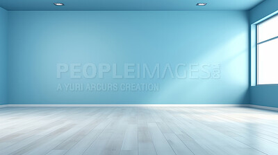 Minimal abstract empty interior background. Blue walls, wooden floor.