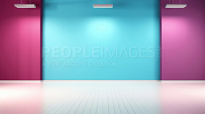 Minimal abstract empty interior background. Colourful walls, wooden floor.
