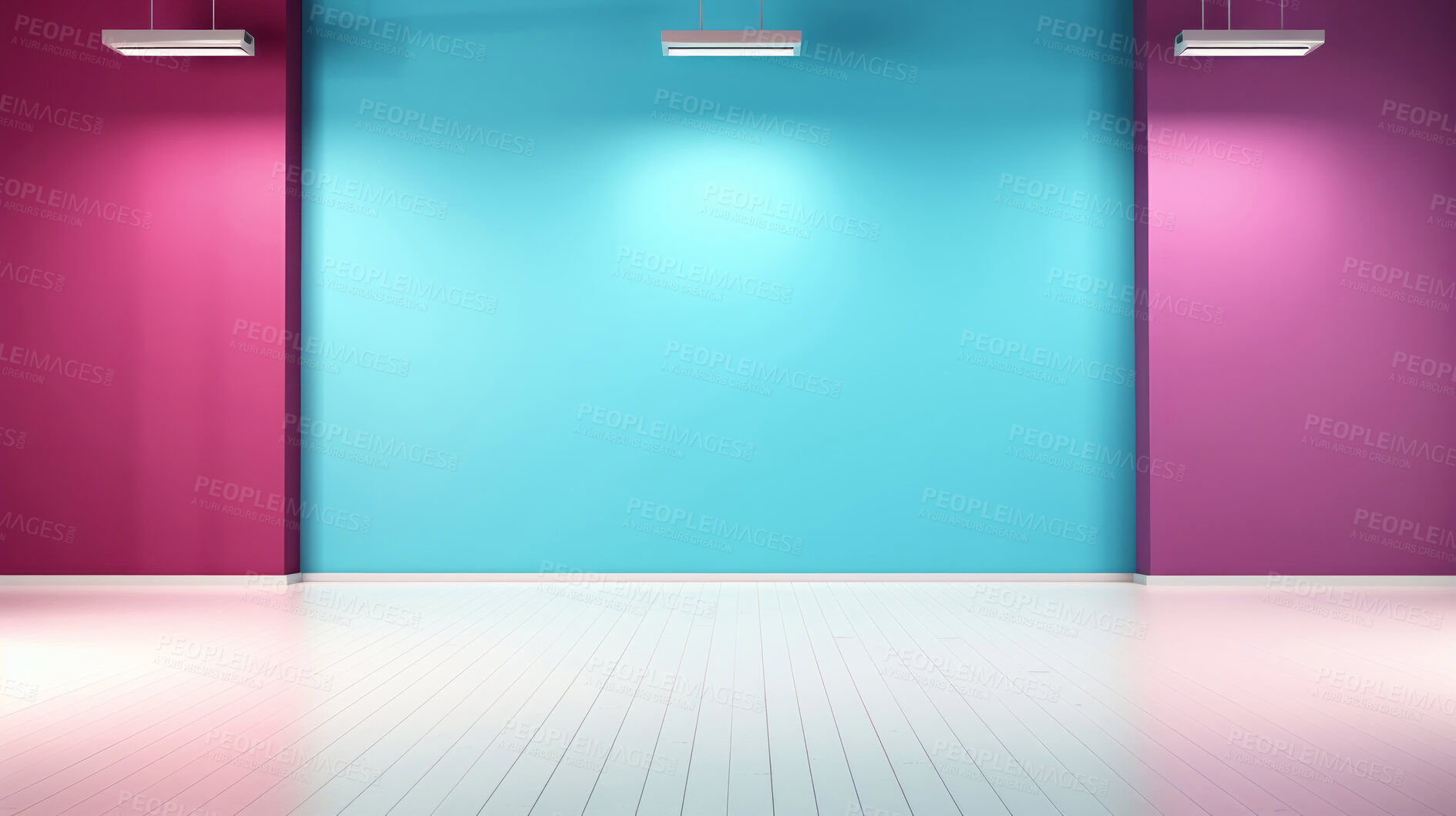 Buy stock photo Minimal abstract empty interior background. Colourful walls, wooden floor.