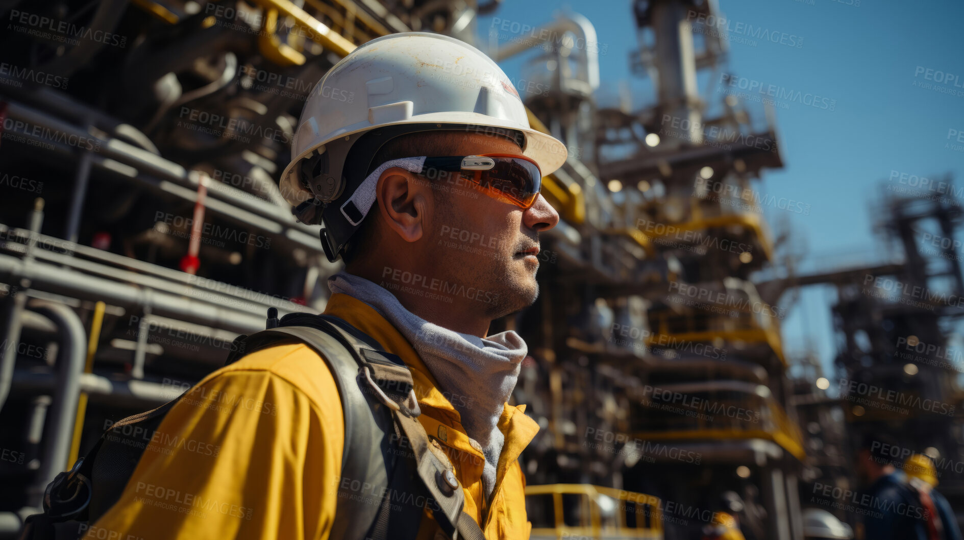 Buy stock photo Portrait of a man,oil rig worker. Engineer in industrial plant.