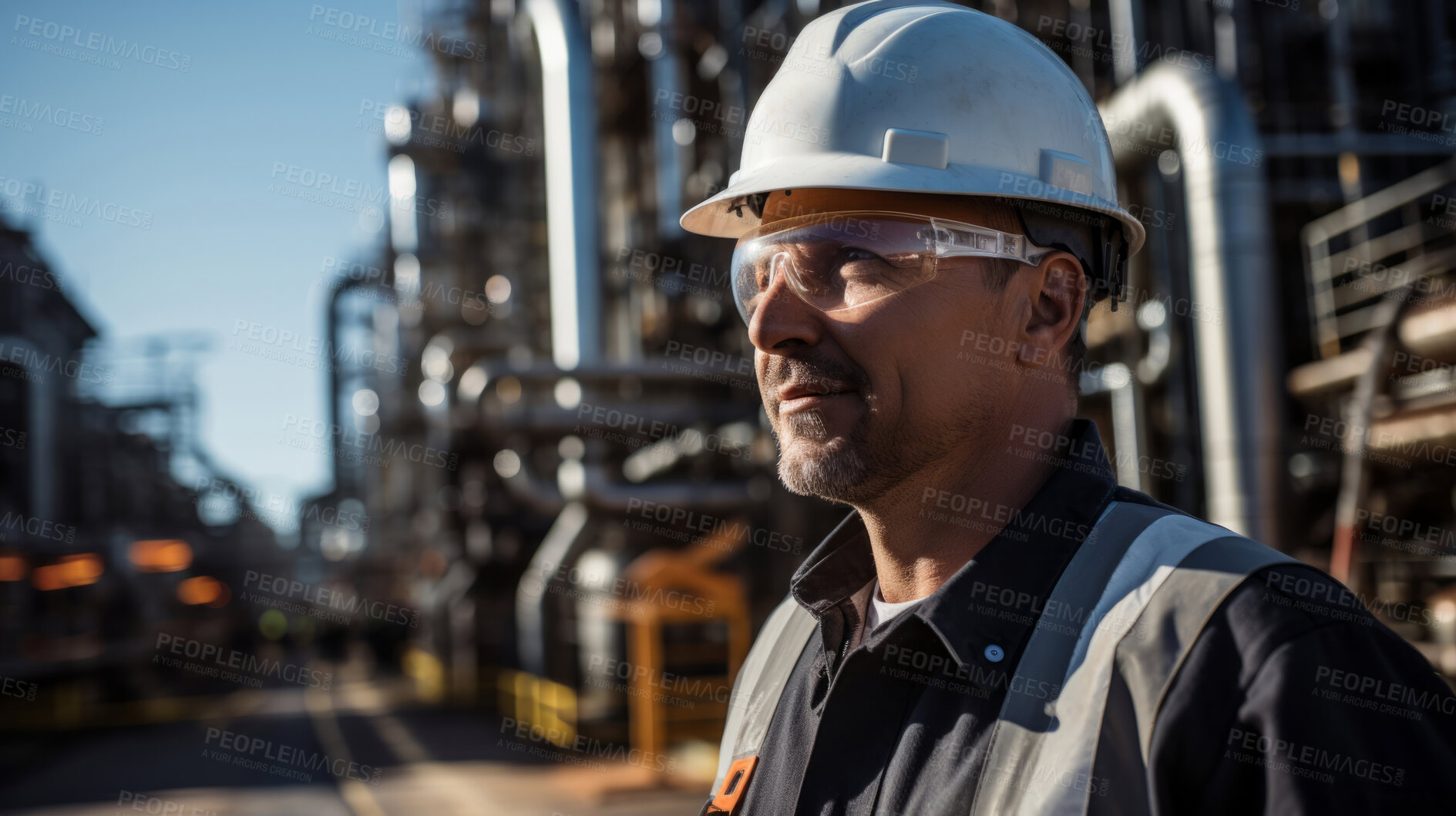 Buy stock photo Portrait of a man,oil rig worker. Engineer in industrial plant.