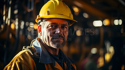 Portrait of man, oil rig worker in industrial plant. Wearing hard hat.