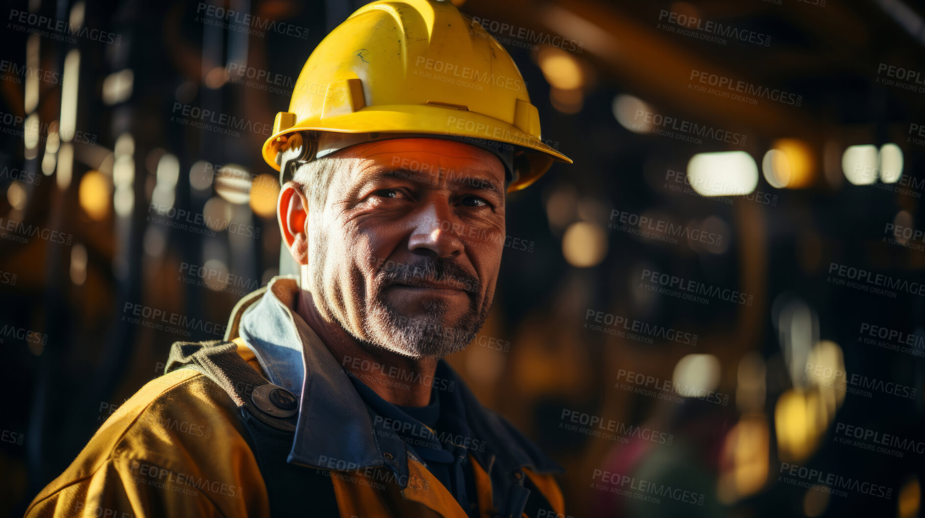 Buy stock photo Portrait of man, oil rig worker in industrial plant. Wearing hard hat.