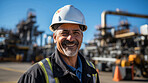 Portrait of a man, happy oil rig worker in industrial plant.