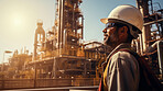 Portrait of man, oil rig engineer wearing glasses, in industrial plant.