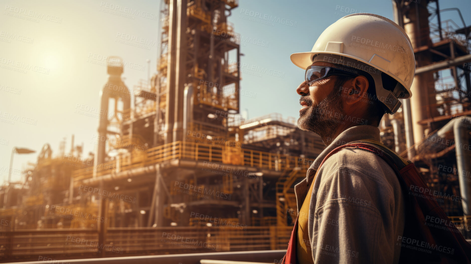 Buy stock photo Portrait of man, oil rig engineer wearing glasses, in industrial plant.