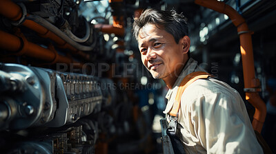 Portrait of a man, happy oil rig worker in industrial plant.