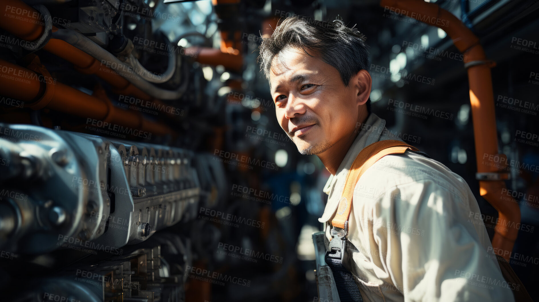 Buy stock photo Portrait of a man, happy oil rig worker in industrial plant.