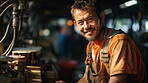 Portrait of a man, happy oil rig worker in industrial plant.