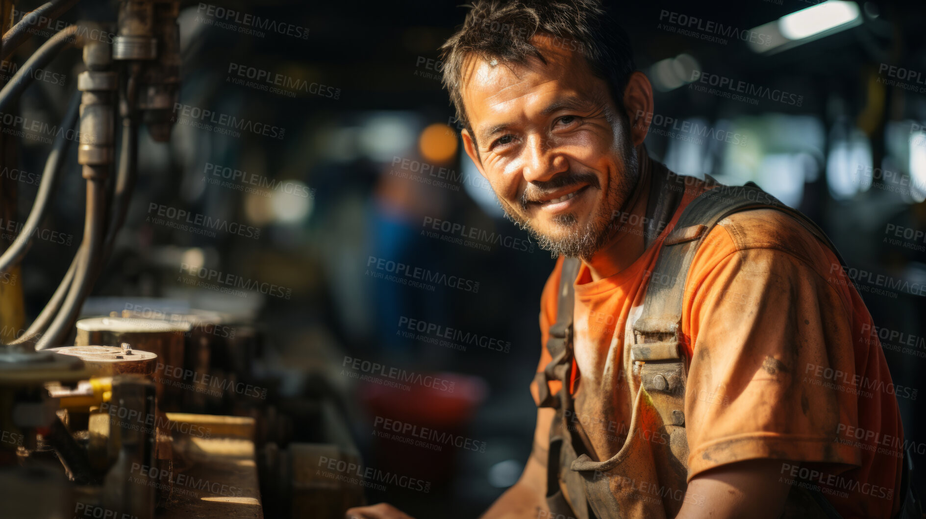 Buy stock photo Portrait of a man, happy oil rig worker in industrial plant.