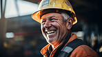 Portrait of a man, happy oil rig worker in industrial plant.