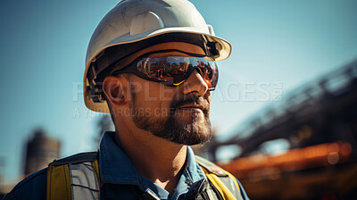 Portrait of man, oil rig engineer wearing glasses, in industrial plant.