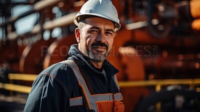 Portrait of man, oil rig engineer in industrial plant.