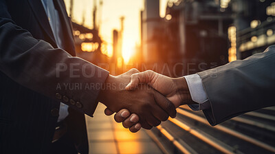 Businessmen shaking hands on oil rig. Deal making. Oil trade concept.