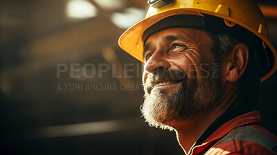 Portrait of a man, happy oil rig worker in industrial plant.
