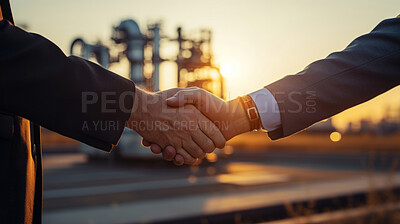 Businessmen shaking hands on oil rig. Deal making. Trade concept.