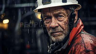 Portrait of man, oil rig worker in industrial plant. Oil on face.