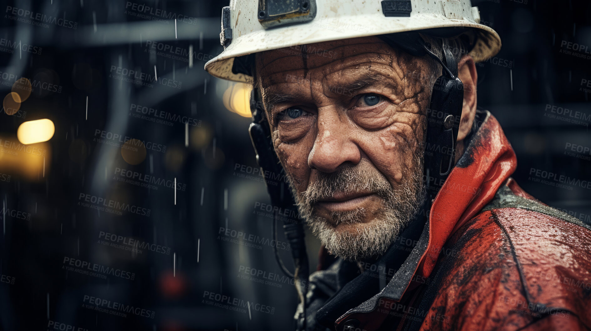 Buy stock photo Portrait of man, oil rig worker in industrial plant. Oil on face.