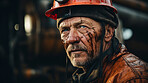 Portrait of man, oil rig worker in industrial plant. Oil on face.