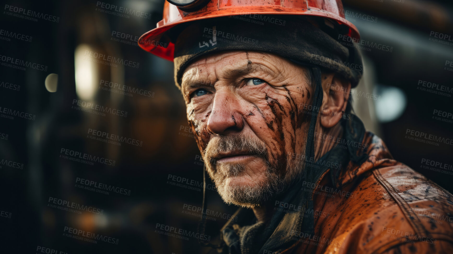 Buy stock photo Portrait of man, oil rig worker in industrial plant. Oil on face..