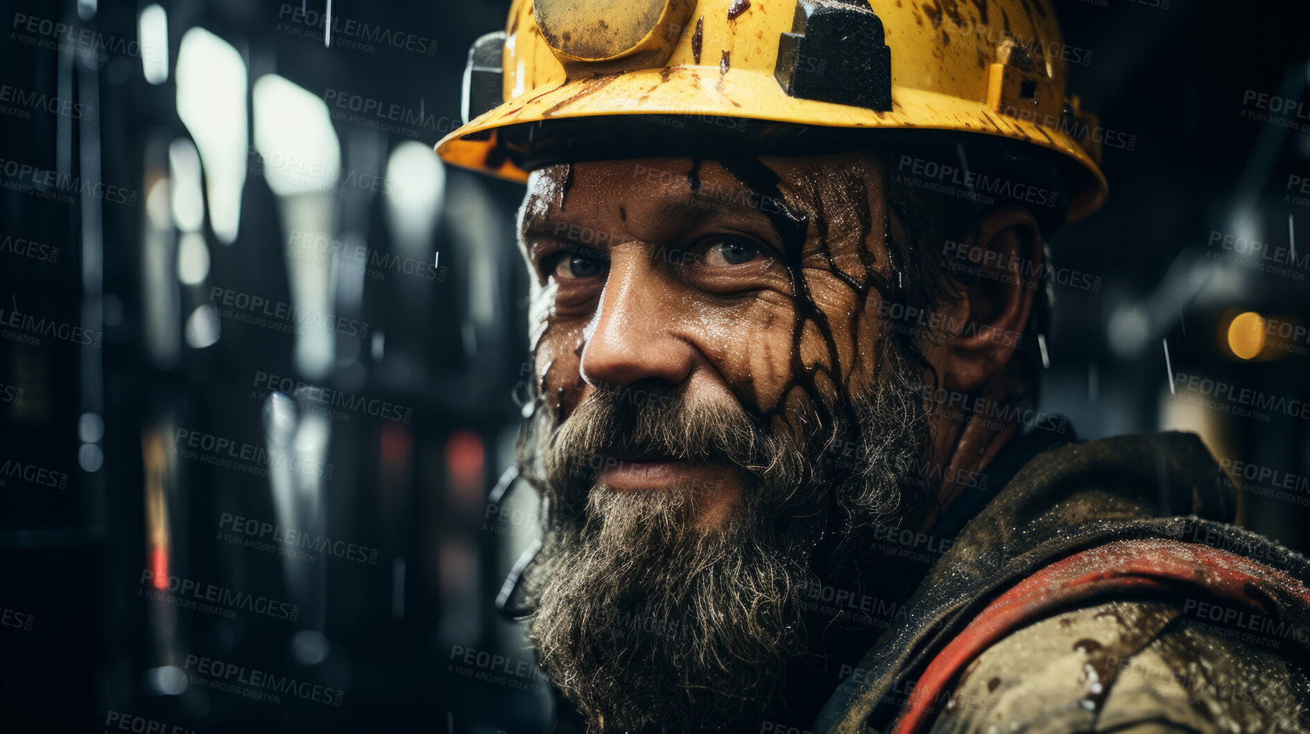 Buy stock photo Portrait of man, oil rig worker in industrial plant. Oil on face..