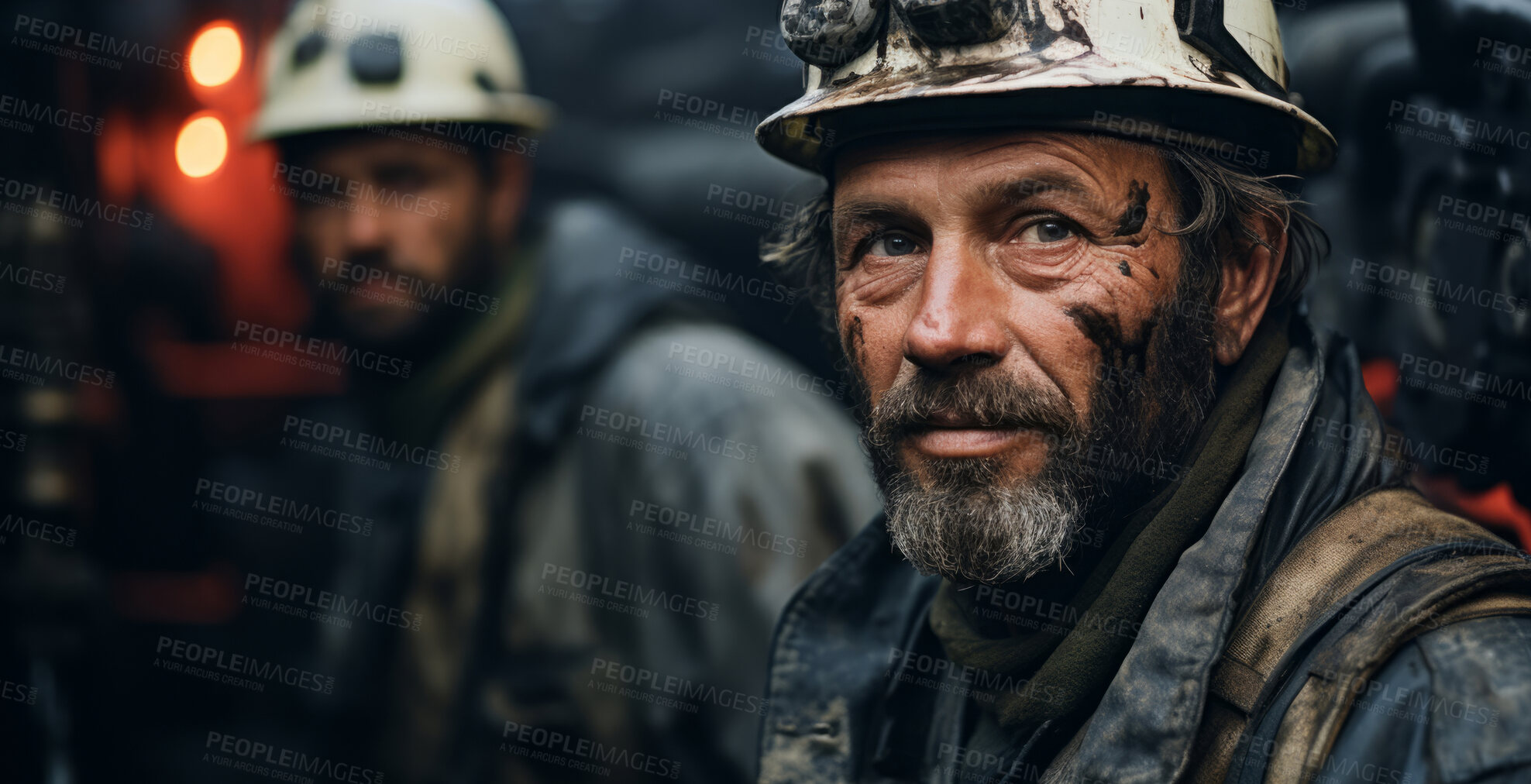 Buy stock photo Portrait of men, oil rig workers in industrial plant. Oil on face.