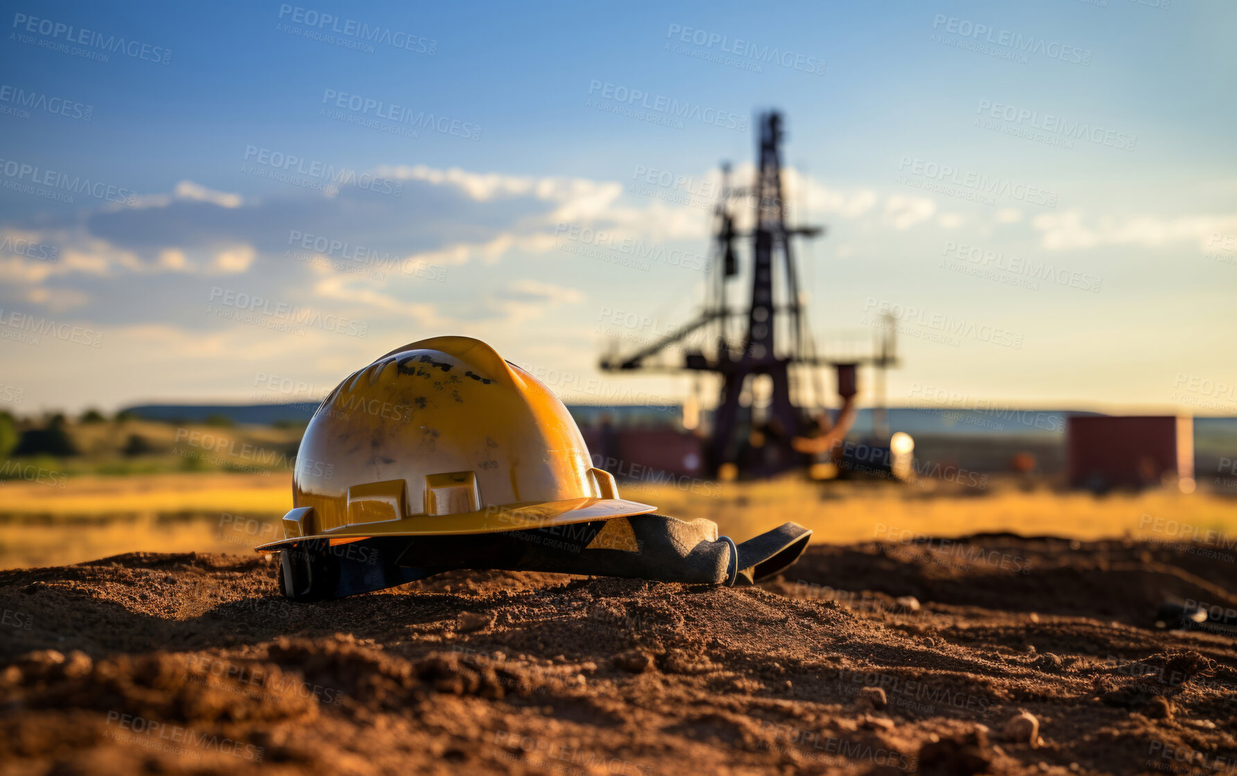 Buy stock photo Close-up of hard hat laying on ground. Sunset, golden hour. Oil export concept.