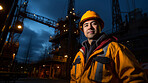 Low angle portrait of a man, oil rig worker in industrial plant. At night.