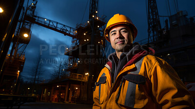 Low angle portrait of a man, oil rig worker in industrial plant. At night.