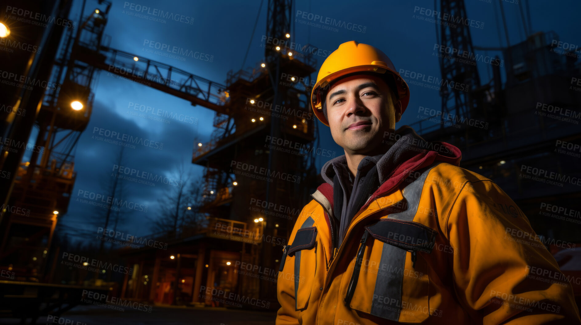 Buy stock photo Low angle portrait of a man, oil rig worker in industrial plant. At night.