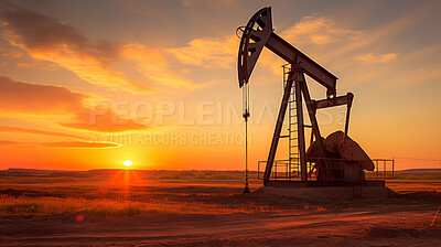Low angle silhouette of oil pump. Sunset, golden hour in the desert.