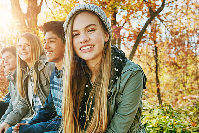 Buy stock photo Teenager, group and portrait in park, smile and together on holiday, nature and relax by trees. Youth culture, happy friends and gen z school kids in sunshine, woods or garden for vacation in Canada