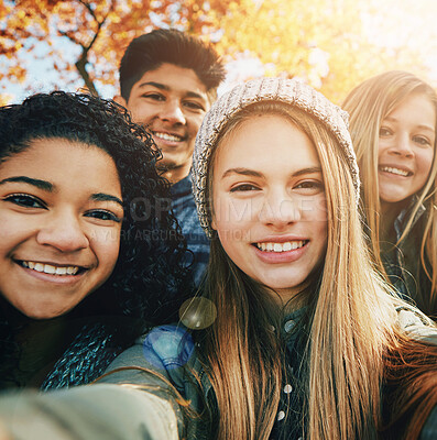 Buy stock photo Selfie, happy or portrait of friends in park for social media, online post or profile picture in autumn. Woman, man or gen z people with smile for photo for a fun holiday vacation to relax in nature