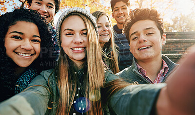 Buy stock photo Selfie, smile and gen z friends in a park happy, bonding and having fun outdoor together. Portrait, profile picture and teenager group enjoy the weekend in a forest for vacation, holiday or chilling