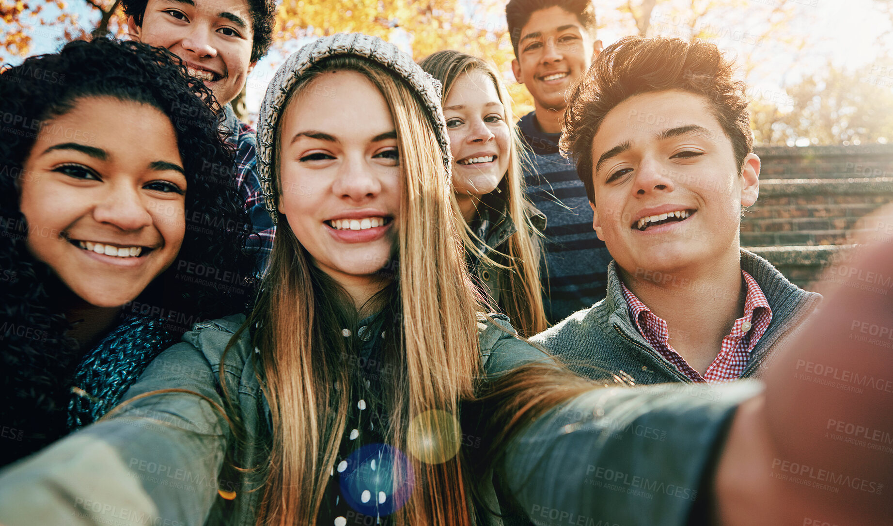 Buy stock photo Selfie, smile and gen z friends in a park happy, bonding and having fun outdoor together. Portrait, profile picture and teenager group enjoy the weekend in a forest for vacation, holiday or chilling