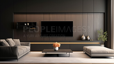 Wall mounted tv and wooden cabinet in modern living room. Realistic 3d render
