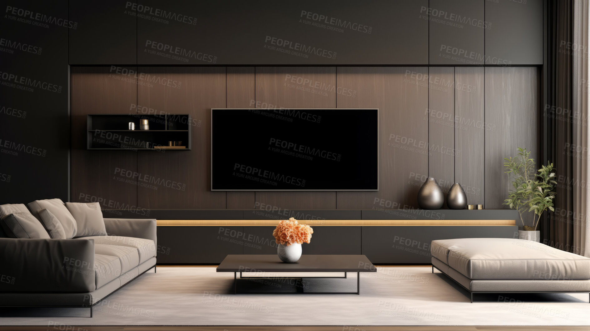 Buy stock photo Wall mounted tv and wooden cabinet in modern living room. Realistic 3d render